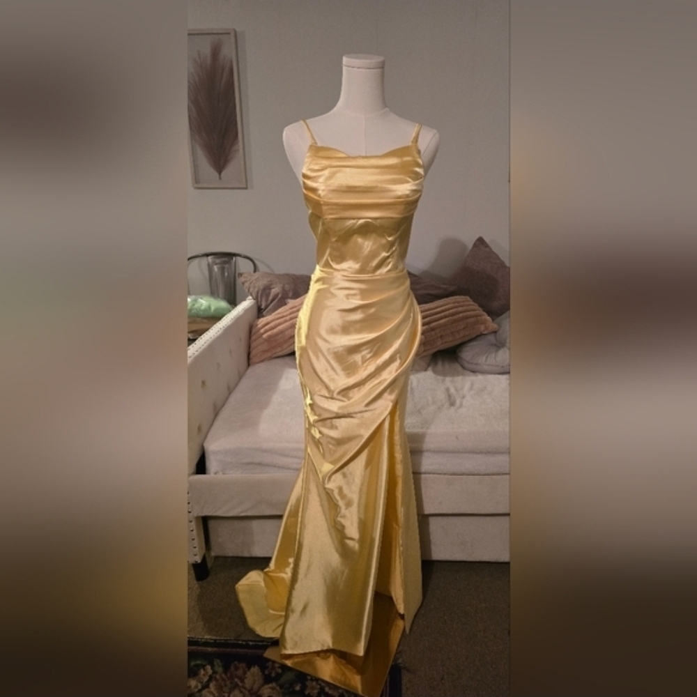 Gold Satin Cowl Neck Prom Gown with Spaghetti Straps